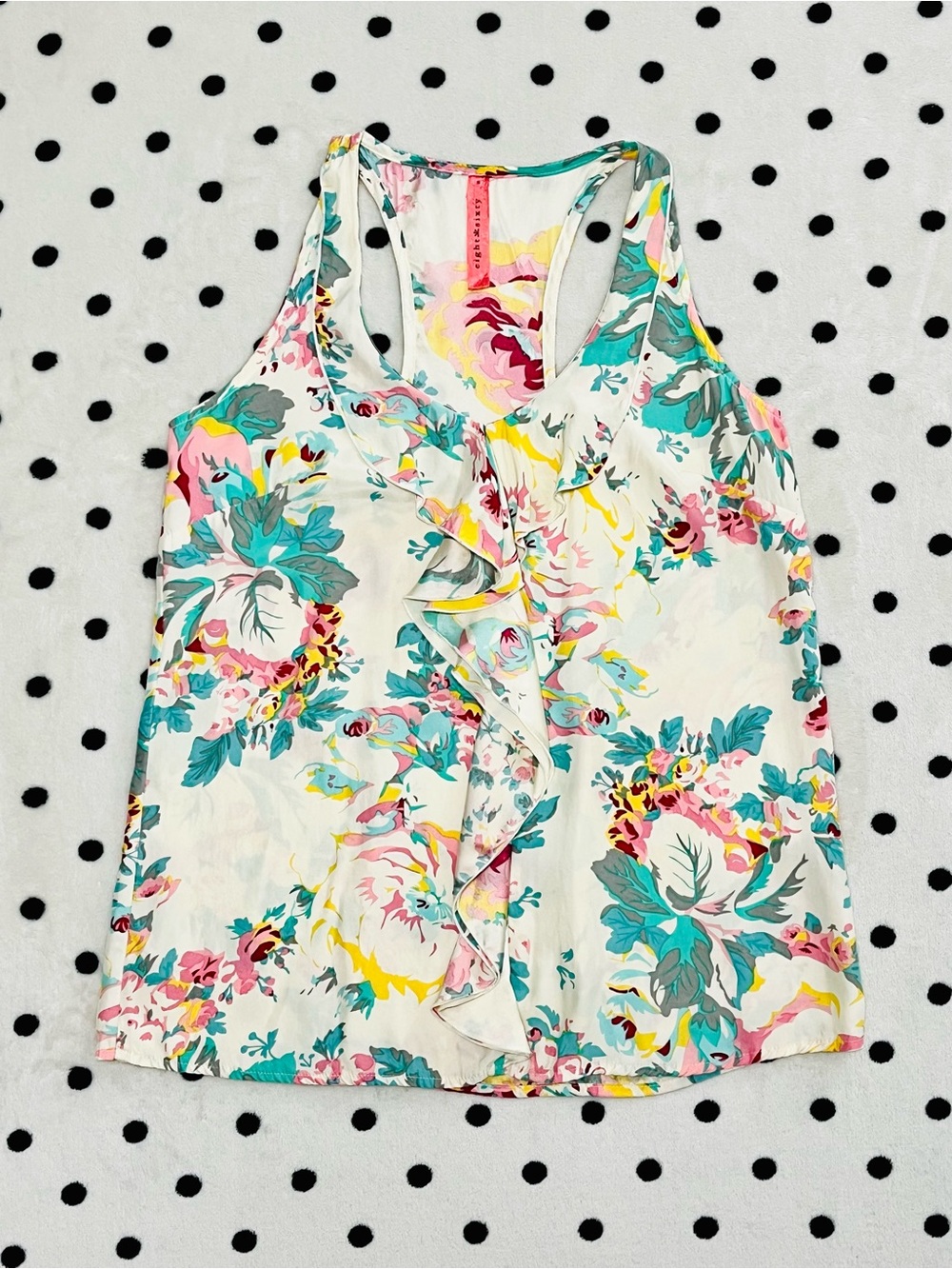 Eight Sixty 100% Silk Floral Ruffle Racerback Tank Top Size S